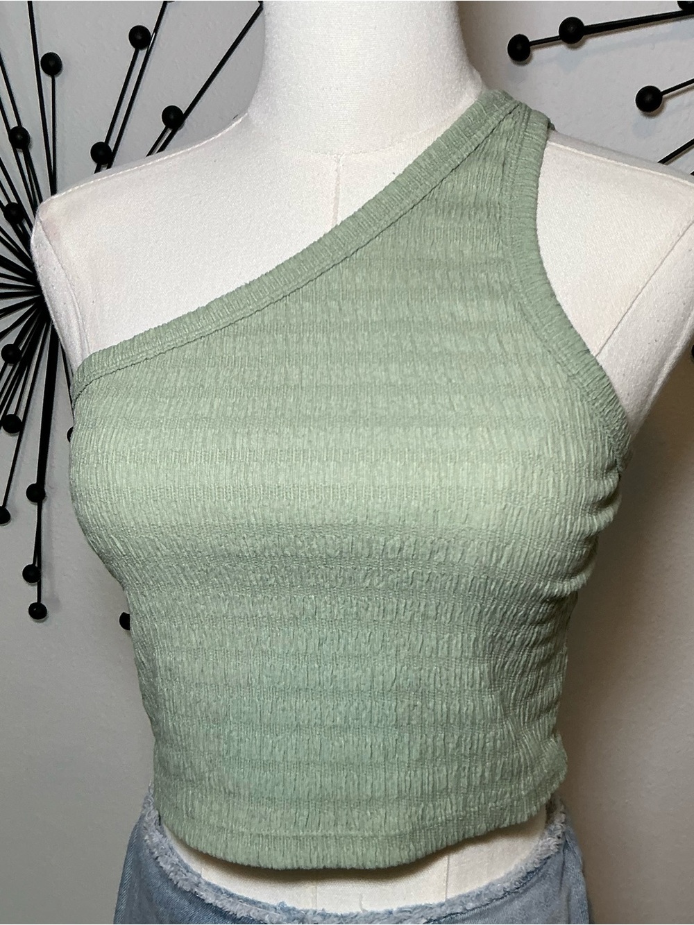 American Eagle One Shoulder Ribbed Crop Top Sage Green Stretch Size Large - Picture 2 of 4